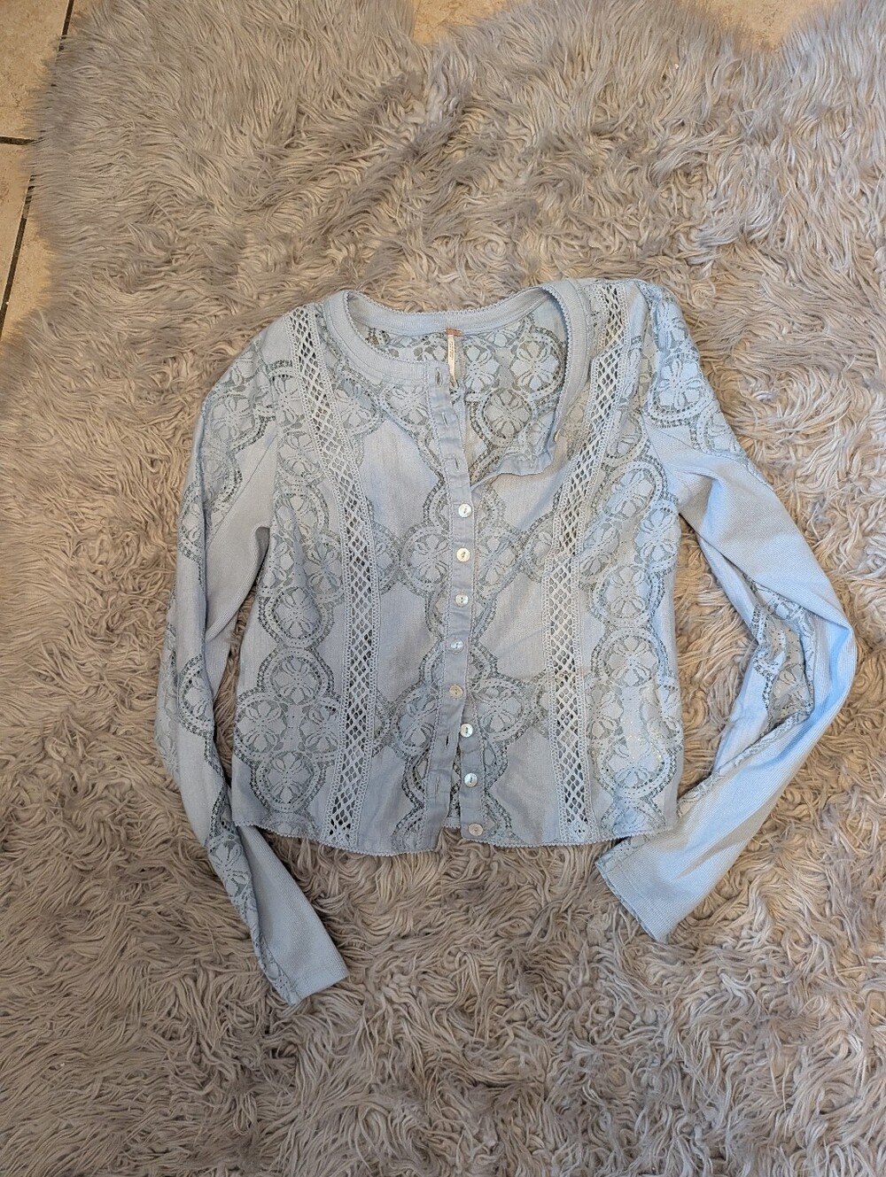 Free People Pale Blue Lace-Trim Button-Front Shirt